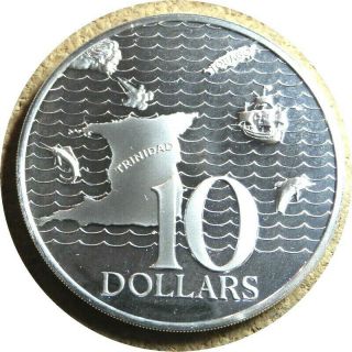 Elf Trinidad & Tobago 10 Dollars 1972 Silver Proof 10th Anniv Map Ship