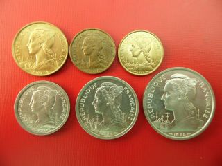 Bulk Base Metal Coins France Africa.  Reunion 1,  2,  5,  10,  20 Francs (scarce)