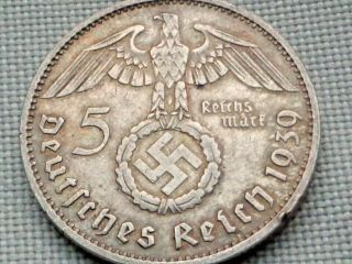 Third Reich Nazi Wwii Hitler Silver 1939 F Stuttgart 5 Reichs Mark Swastika
