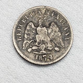 1874 Ch Mexico 10 Centavos Silver Coin Rare