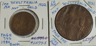 Germany Notgeld Westphalia Bronze - 1921 10 Mark & 1922 100 Mark
