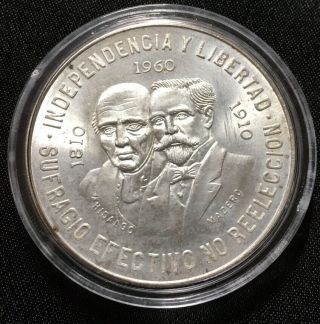 1960 Mo Mexico Diez 10 Peso Silver Crown Coin 100 Year Independence Anniversary