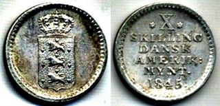 Danish West Indies 1845 10 Skilling Xf