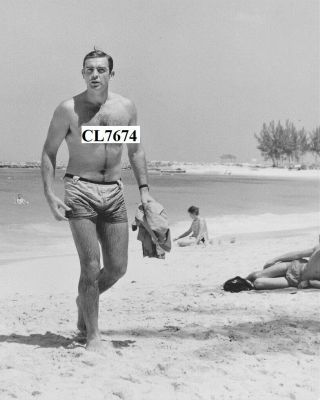 Sean Connery In A Swimsuit At The Beach On Movie Set Of 