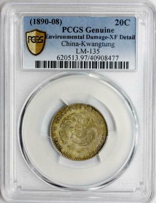 1890 - 08 China / Kwangtung 20c Silver Coin Lm - 135 Pcgs Xf