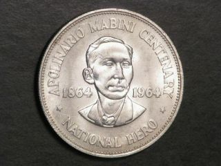 Philippines 1964 1 Peso Mabini Silver Crown Unc