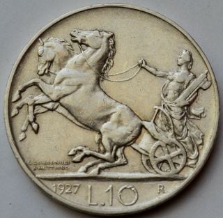 10 Lire 1927 Italy,  Vittorio Emanuele Iii,  Biga,  Silver Coin