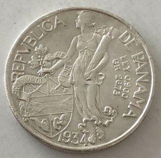 1934 Republic Of Panama Un Balboa.  900 Silver Coin