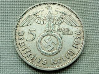 Third Reich Nazi Wwii Hitler Silver 1936 F Stuttgart 5 Reichs Mark Swastika
