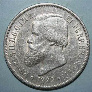Brasil - Brazil 2000 Reis 1889 Almost Uncirculated Large Silver Coin - Pedro Ii