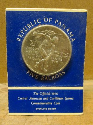 1970 Panama 5 Balboa Sterling Silver Commemorative Coin,  On Card,  S&h