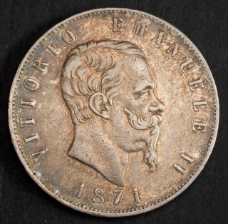 1871,  Kingdom Of Italy,  Victor Emmanuel Ii.  Large Silver 5 Lire Coin.  Xf