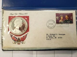 1975 Bermuda Royal Visit $25 Dollar Sterling Silver Coin 1st Day Issue Stamp Set