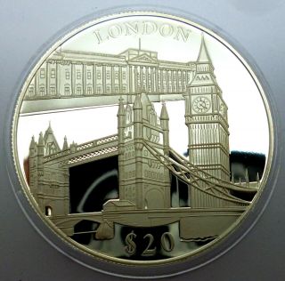 Liberia 20 Dollars 2000 999 Silver Coin Proof London Buildings T46,  2