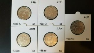 5 X 2 Reichsmark 1937 A,  D,  E,  F,  G - Iii.  Reich - Silver - Vf