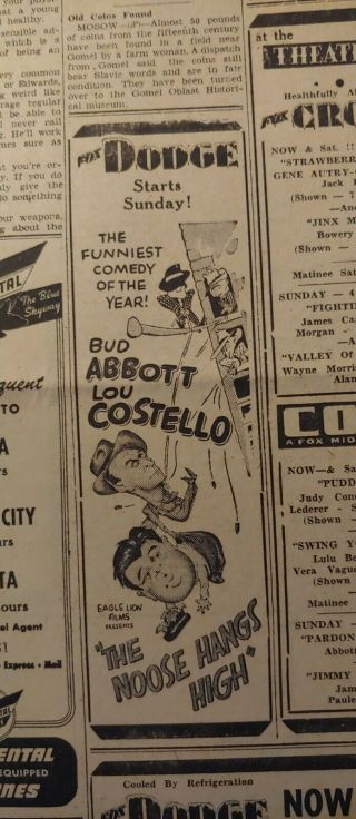 June 25,  1948 Newspaper Page J7600 - Abbott & Costello In " The Noose Hangs High "