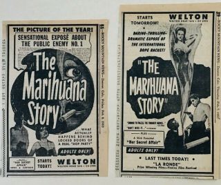 Two 1952 Newspaper Ads For Movie The Marihuana Story - Sensational Expose 