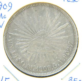 1909 Mo G.  V.  Mexico Un 1 Peso 2nd Republic Decimal.  9027 Fine Silver Circulated