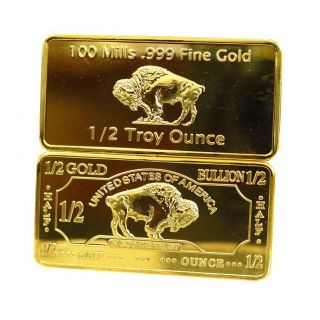 (5) 1/2 Oz Troy Ounce American Buffalo 100 Mills.  999 Fine Gold Plated Bar