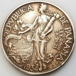 1934 Republic Of Panama Un Balboa Silver Coin