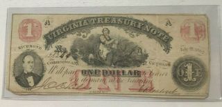 1862 Virginia Treasury Note $1 One Dollar Note