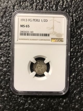 1913 - Fg Peru 1/2 Dinero Silver Coin Ngc Ms 65