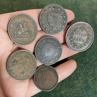 American Cent 1828,  Canada,  St Helena,  East India Company And Dutch.  (6 Coins)