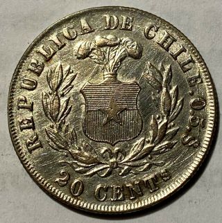Chile 1879 20 Centavos Silver Coin Au/unc Km 138.  2