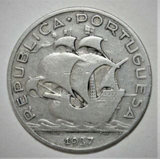 Portugal 5 Escudos 1937 Fine / Very Fine Silver Coin - Ship Key Date