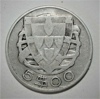 Portugal 5 Escudos 1937 Fine / Very Fine Silver Coin - Ship Key Date 2