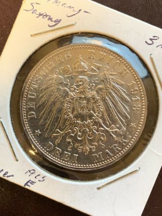 1913 E German States Saxony 3 Mark.  4823 Asw Silver World Coin