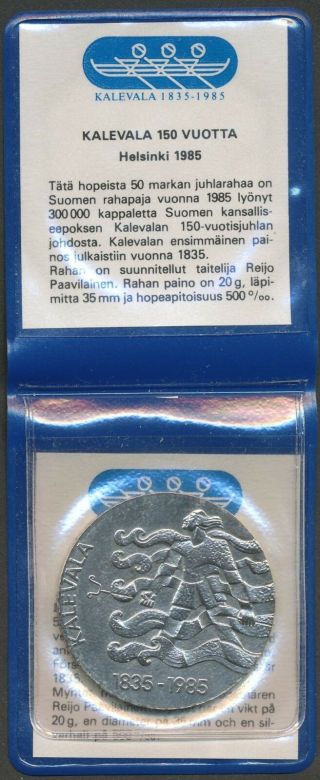 Finland 1985 50 Mk Silver Coin - Kalevala 150 Years - Cover