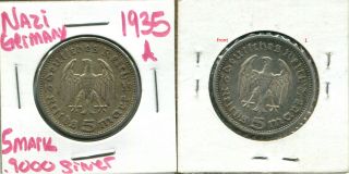 Nazi Germany 5 Reichs Mark 1935,  1936,  2 Hindenburg Silver Coins,  C047