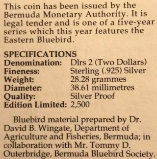 Bermuda 2 Dollar Sterling Silver Proof Commemorative Coin - 1992 Eastern Bluebird 3