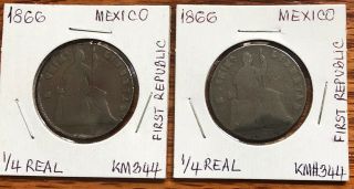 1866 Mexico Chihuahua 1/4 Real Un Quarto Seated Liberty Set Of 2 Coins - 1st Repub