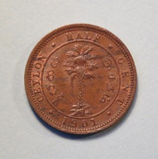 1901 Ceylon 1/2 Half Cent Sri Lanka Copper World Coin KM91 Victoria India 2