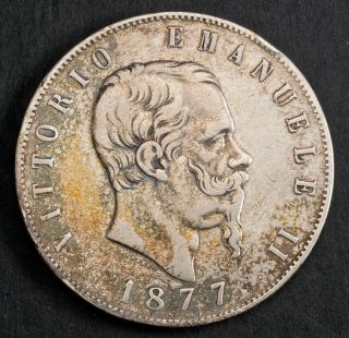1877,  Kingdom Of Italy,  Victor Emanuel Ii.  Large Silver 5 Lire Coin.  Rome