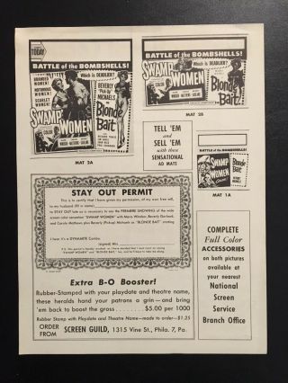 1956 Swamp Women & Blonde Bait Dynamotional Combo Movie Order Sheet