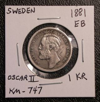 1881 Eb Sweden 1 Krona Km - 747 Silver Coin Scarce Oscar Ii 5096