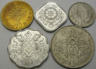 Bhutan 5,  10,  20,  25 Chetrums,  1 Ngultrum 1974/1975 - 5 Coins - 2976 ¤
