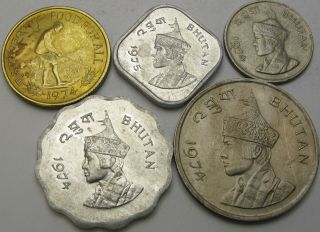 BHUTAN 5,  10,  20,  25 Chetrums,  1 Ngultrum 1974/1975 - 5 coins - 2976 ¤ 2