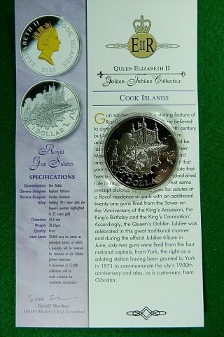 2003 Cook Islands.  925 Silver Proof $1 Crown Coin Royal 22 Carat Gold Finish