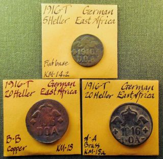 German East Africa – 1916 - T 5 Heller & 2x 20 Heller Km - 14.  2,  15 & 15a