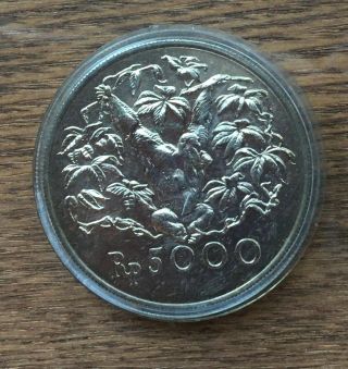 G607 Indonesia 1974 5000 Rupiah Silver Bu Unc Coin - Orangutan Conservation Coin