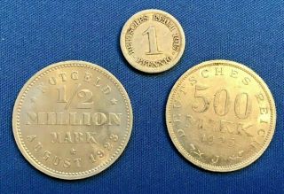1923 Germany 1/2 Million Mark Notgeld And A 500 Mark Coins - 1917 1 Pfennig Coin