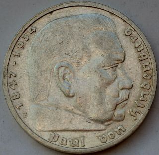 5 Reichsmark 1936 E,  Third Reich Germany,  Paul Von Hindenburg,  5 Mark