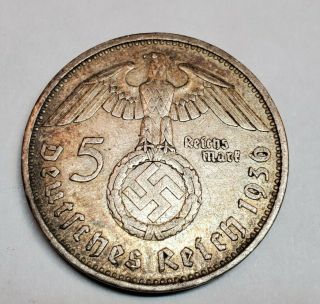 1936 5 Mark German Ww2 Silver Coin Third Reich Swastika Hindenburg Lettered Edge