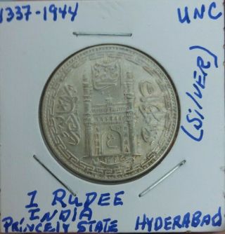 India Princely States 1944 Ah1323 Rupee Silver Hyderabad,  In Uncirculated Cond.