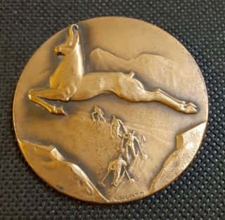 Vintage Huguenin Medalet With Swiss Cross Country Skiing Theme - 51mm Uniface