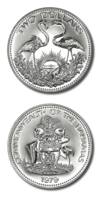 Bahamas Two Flamingos $2 1979 Fm U Total Mintage 300 Coins Km - 66 Prooflike